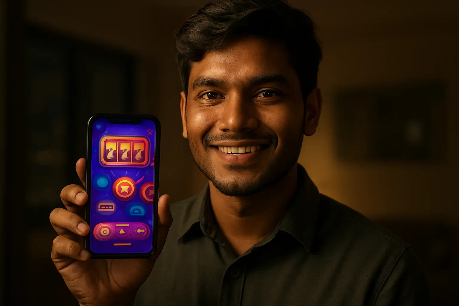 Young Bangladeshi man smiling while showing colorful mobile casino app