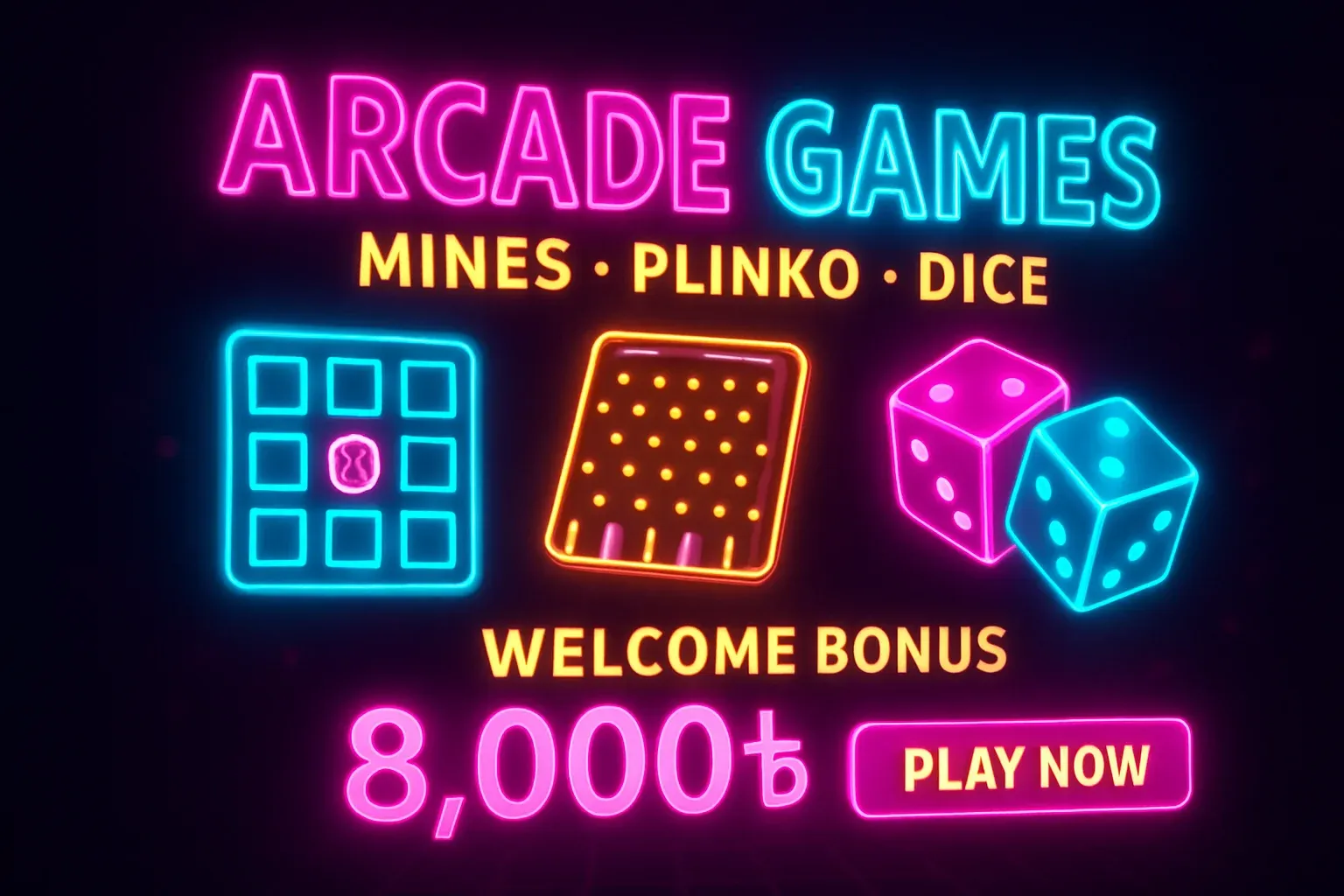 Neon arcade games banner with mines, plinko, dice, and play button