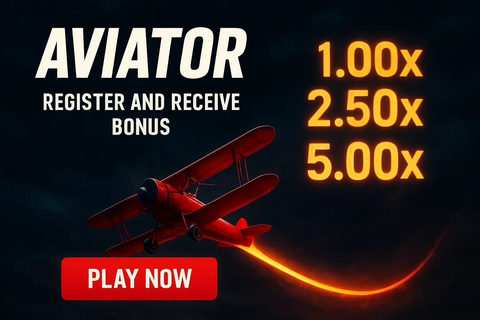 Aviator crash game banner with red plane, multipliers, and play button