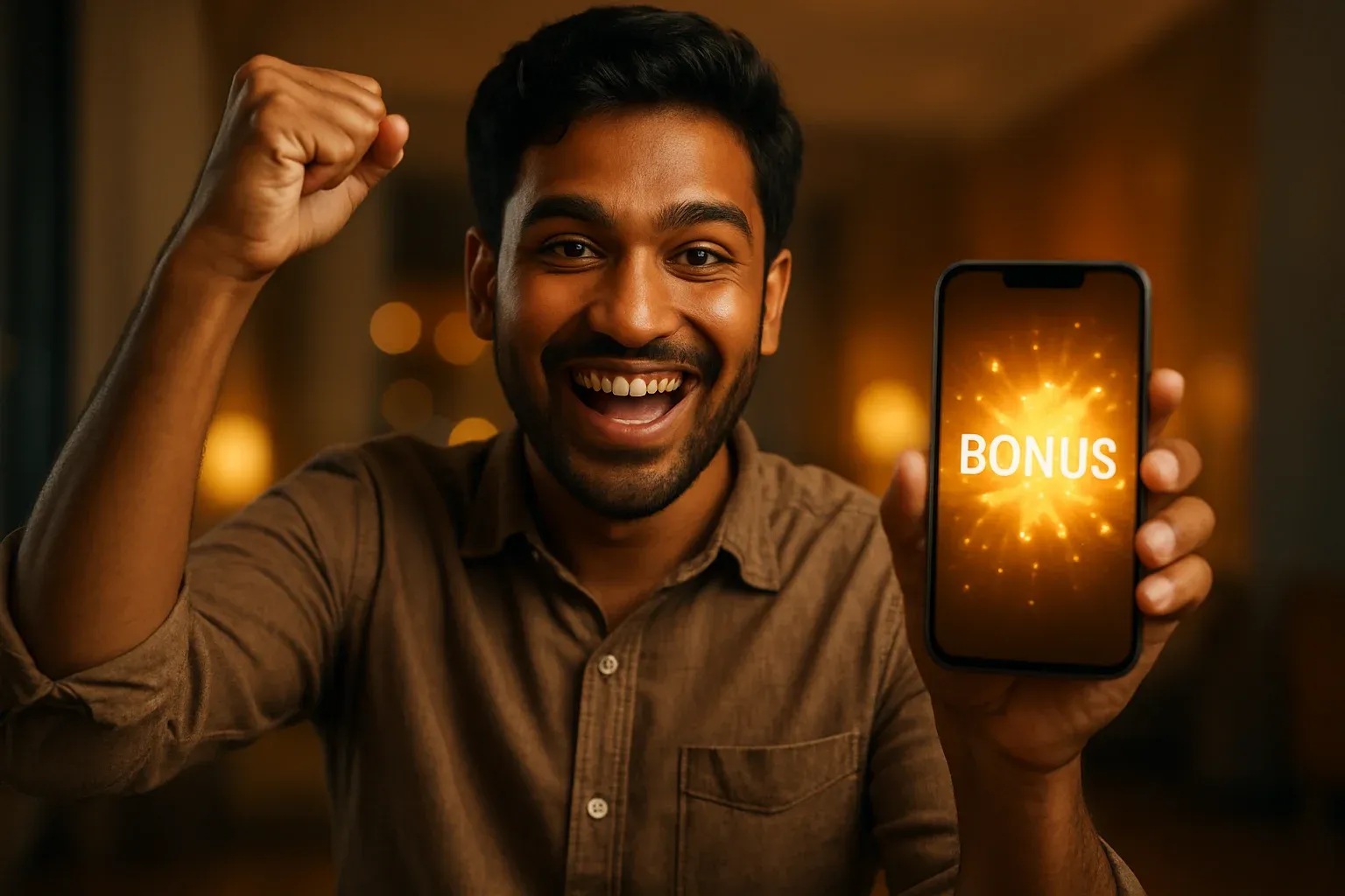 Joyful Bangladeshi man holding smartphone with glowing bonus notification