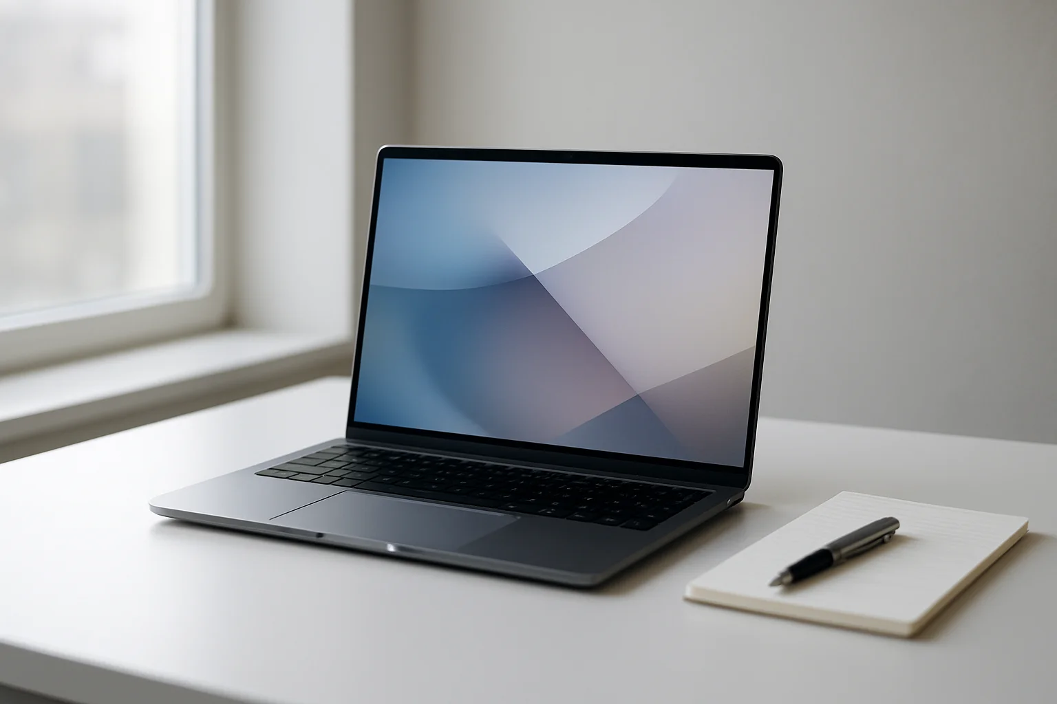 Modern laptop on white desk with abstract glowing screen and notepad