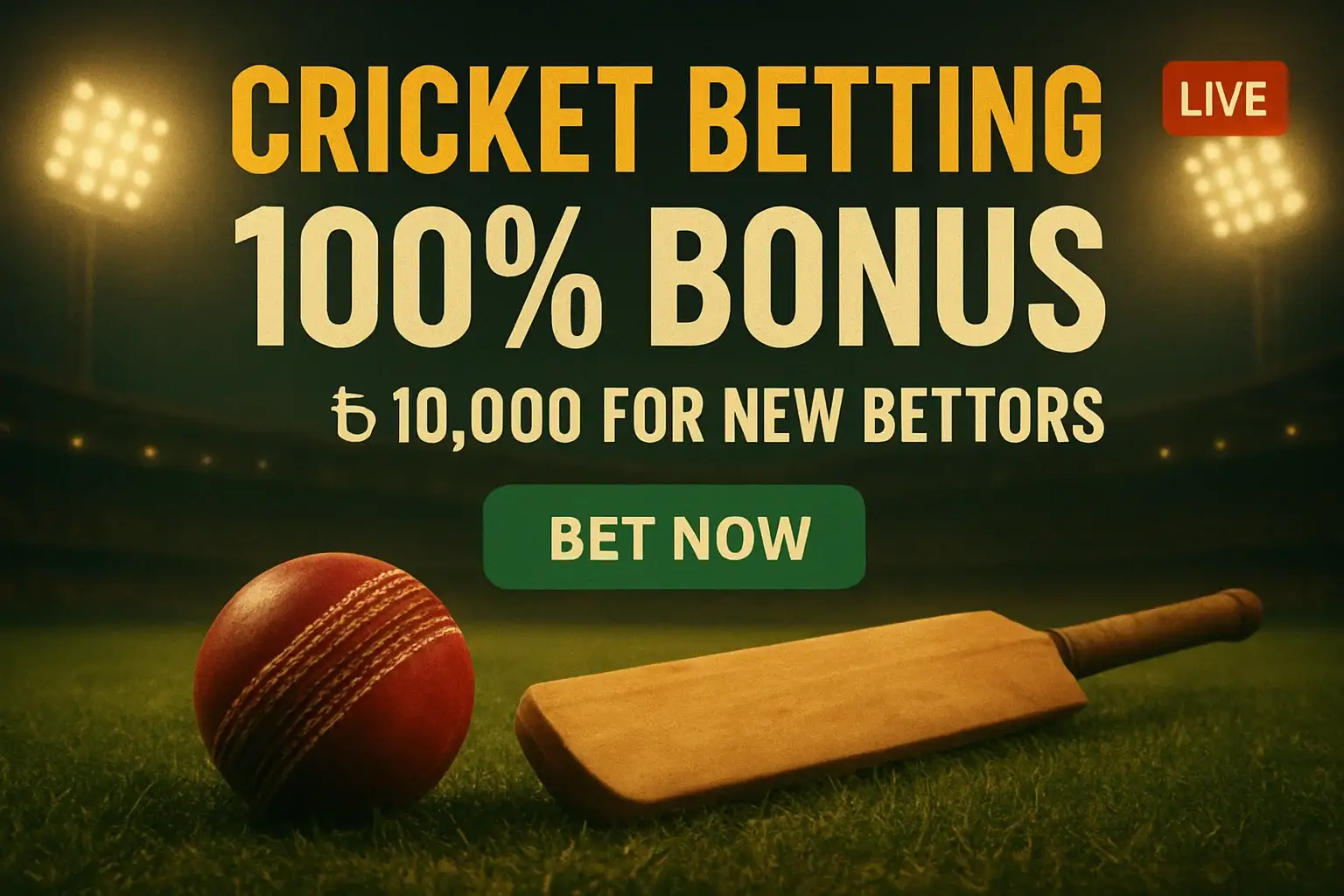 Cricket betting banner with stadium, bat, ball, bonus, and CTA