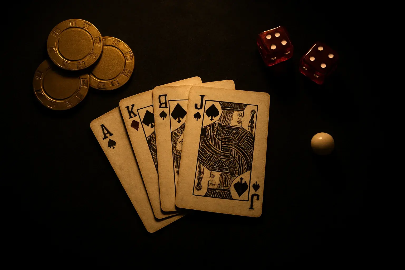 Top-down casino scene with golden chips, cards, dice, and roulette ball