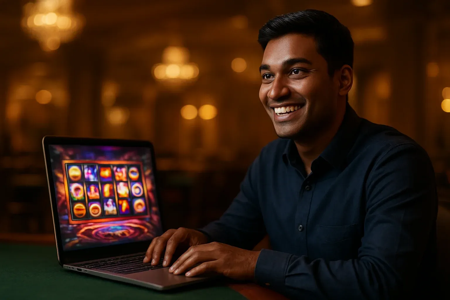 Cheerful Bangladeshi man with laptop at premium casino lounge table