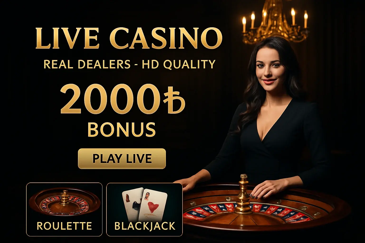 Live casino banner with female dealer, roulette table, and Bangladesh bonus offer