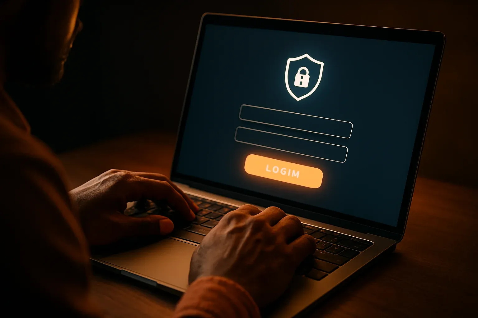 Bangladeshi man's hands on laptop with glowing login form screen