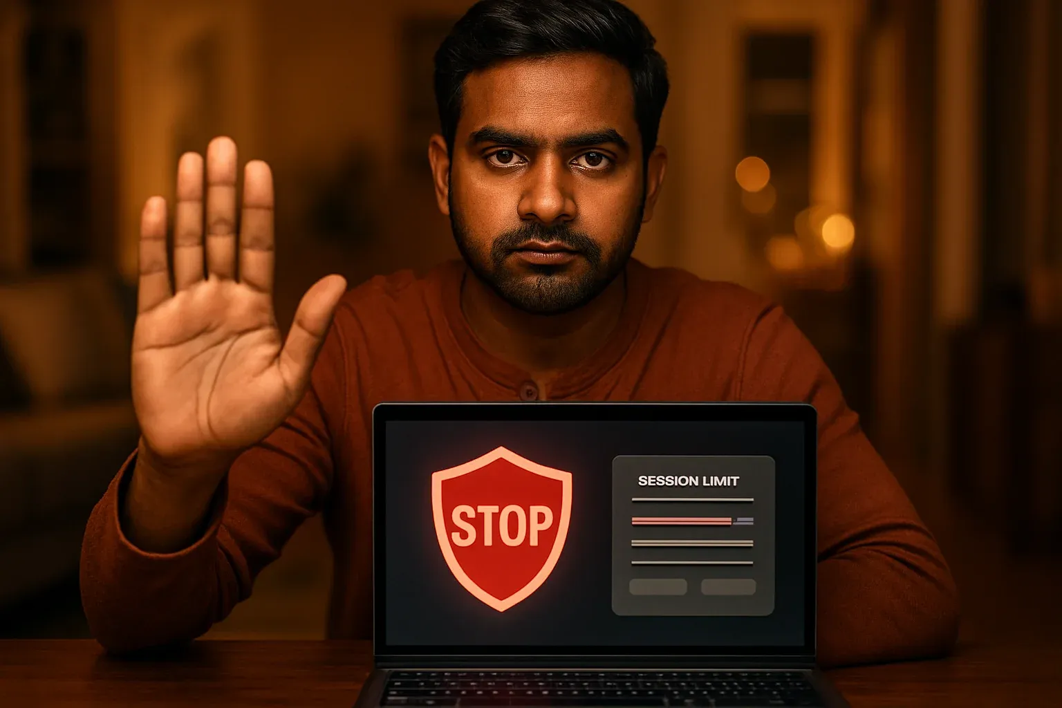 Bangladeshi man shows stop gesture beside laptop with responsible gambling limits