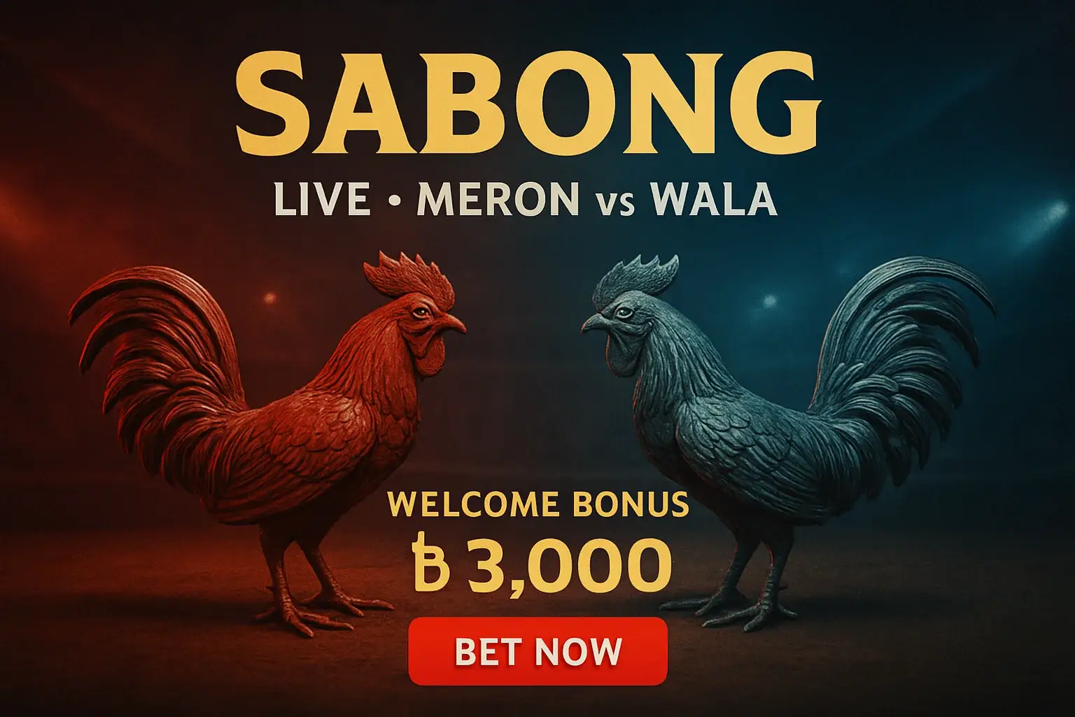 Promotional live sabong banner with decorative rooster figurines and bonus offer