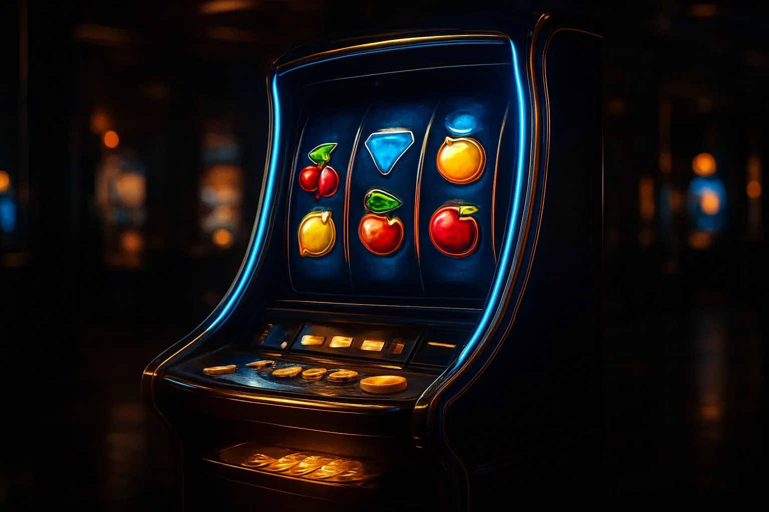 Hyperrealistic premium slot machine with glowing reels in dark luxury casino